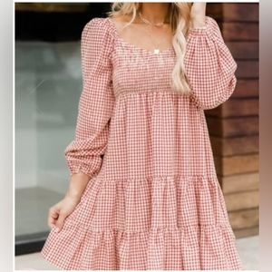 ✨💥⚡️ NEW - Pink Lily Gingham Dress Apple Picking Red and Tan - size L